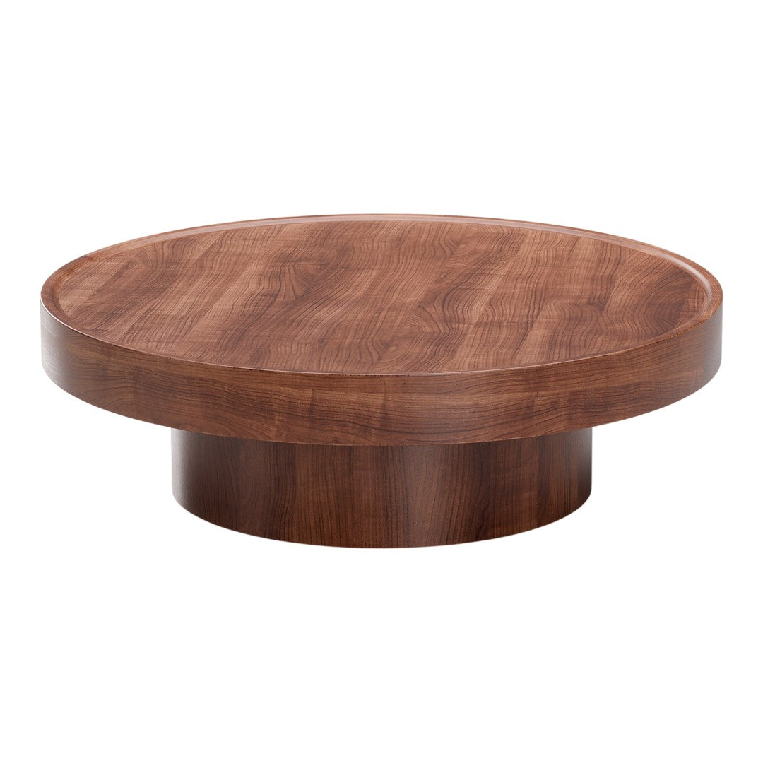 Round coffee table in rich walnut finish with smooth, glossy surface and elegant circular design.