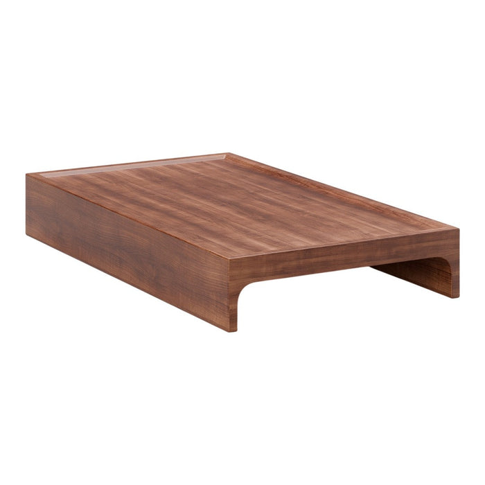 Minimalist walnut wood coffee table with smooth, natural grain and sleek rounded edges. Perfect for modern decor.