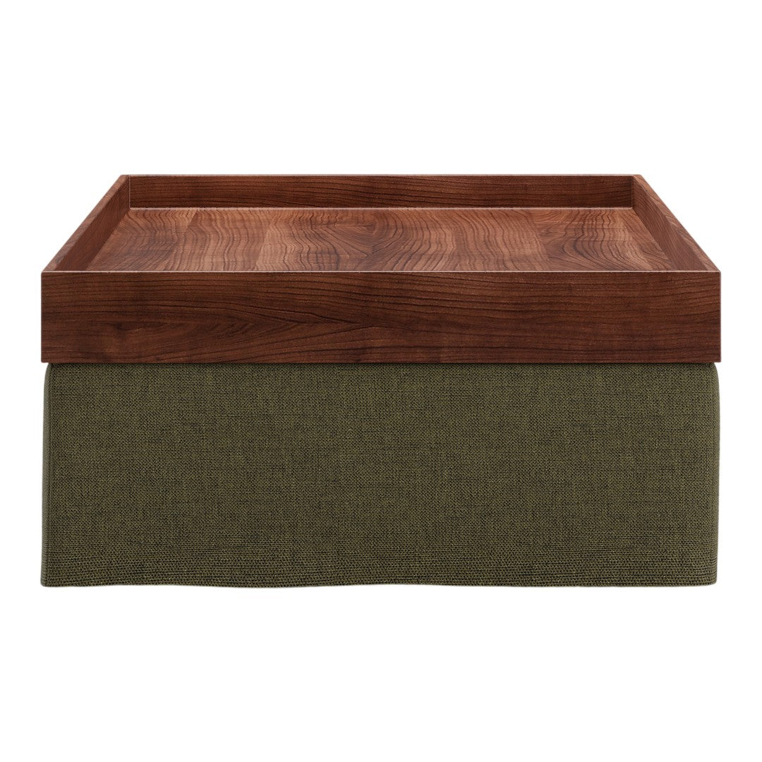 Wooden tabletop with a rich brown finish, complemented by a textured olive green fabric base.