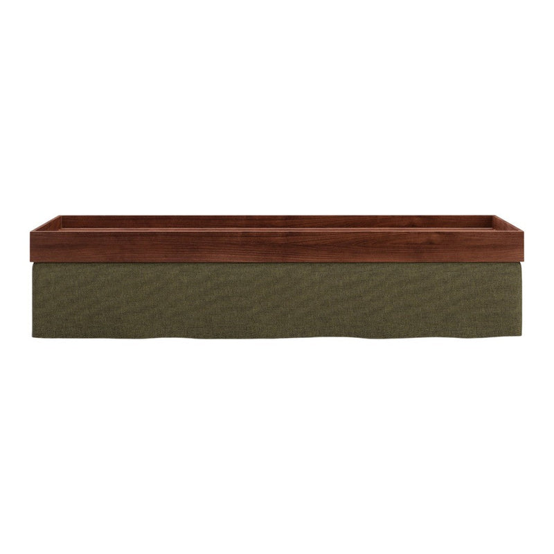 Wooden planter box with a rich brown top and textured olive green fabric base for stylish gardening.