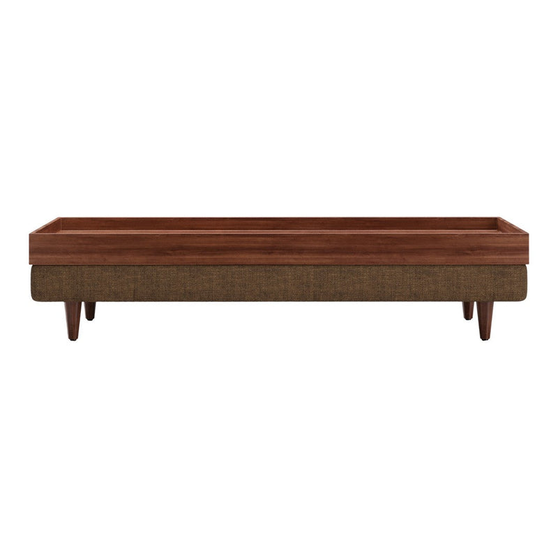 Mid-century modern coffee table featuring a warm walnut finish and a textured brown fabric base.