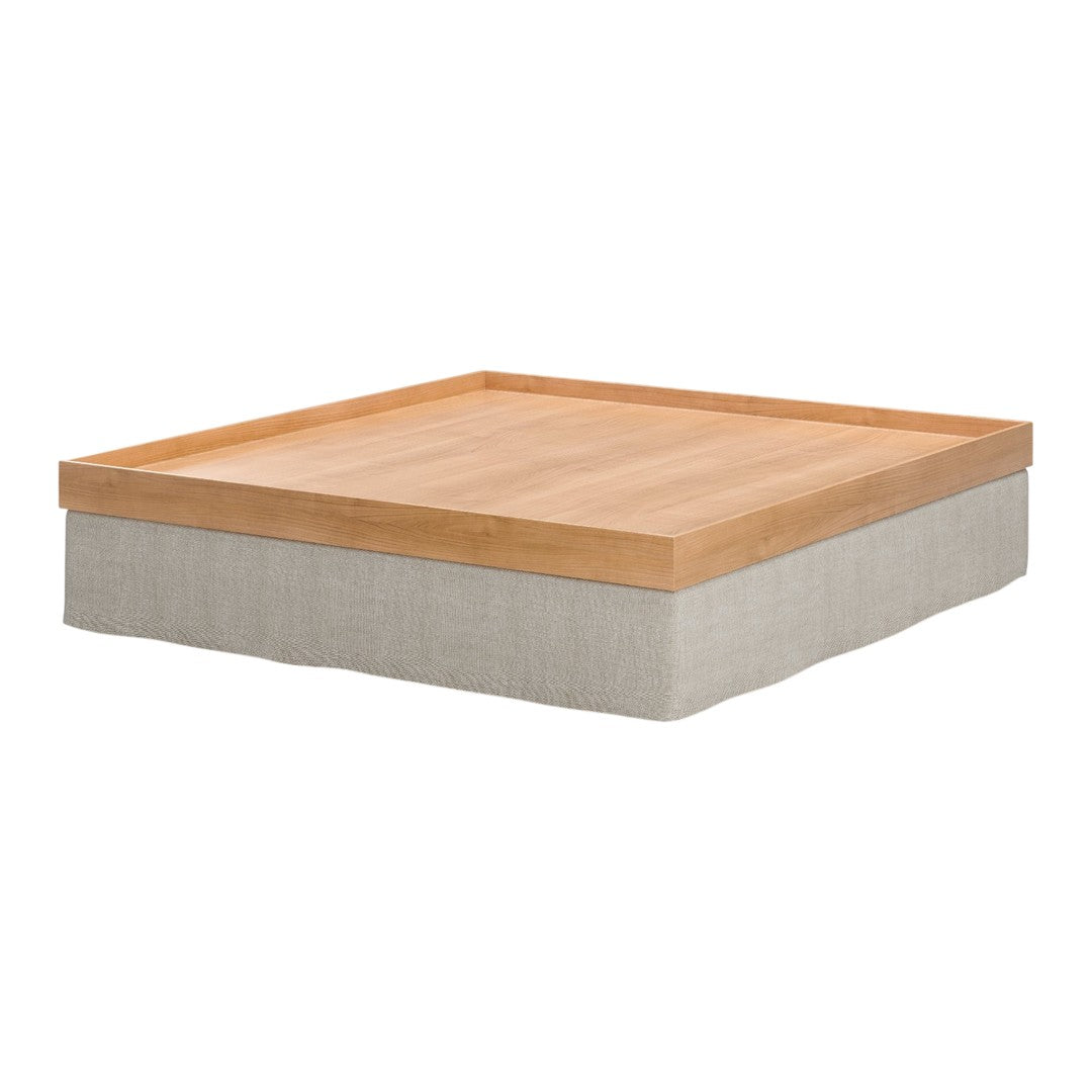 Natural wood top with a smooth finish, paired with a light beige fabric base; minimalistic and modern design.