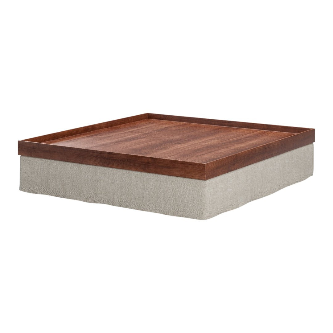 Square wooden coffee table with a rich brown top and a light beige fabric base for a modern look.