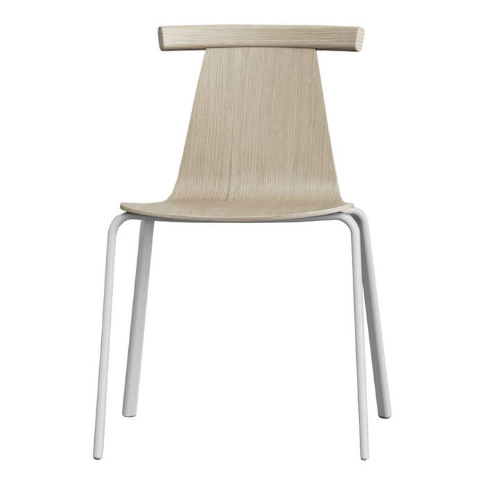 Light oak wood chair with a sleek, minimalist design and white metal legs, featuring a smooth, natural grain pattern.