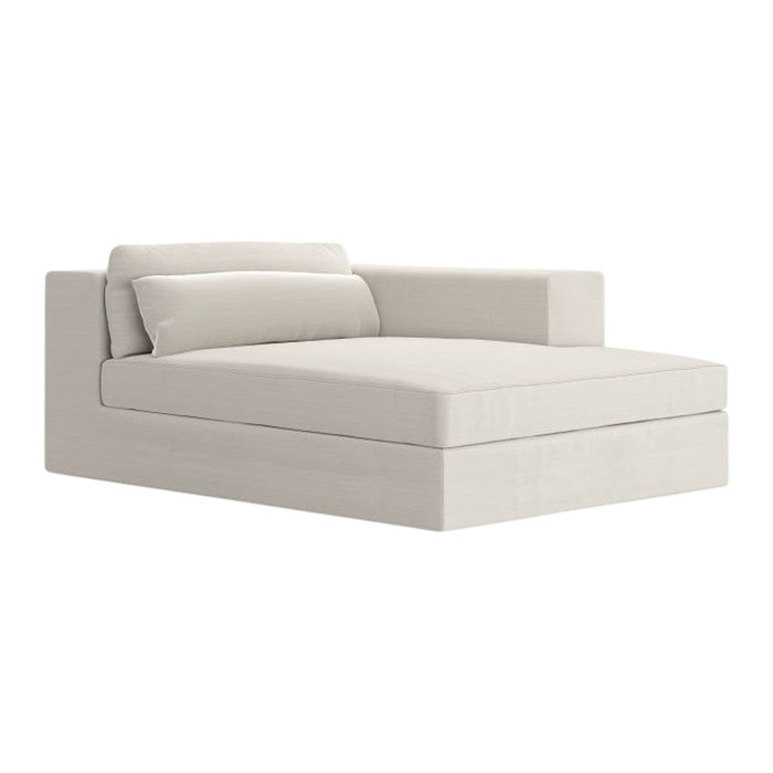 Cream-colored, minimalist sofa with a sleek, solid pattern and modern design, featuring a single side armrest.