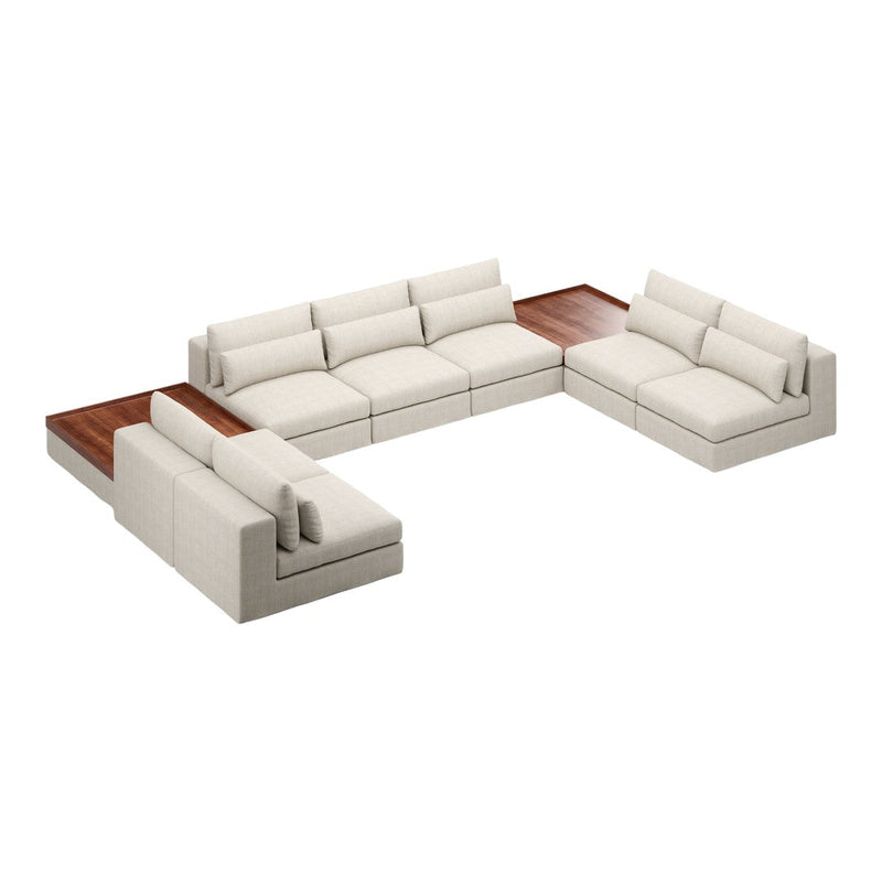 Beige sectional sofa with a sleek design and rich wood accents, featuring clean lines and a minimalist style.