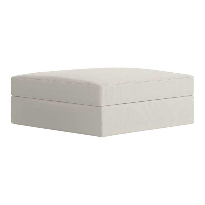 Light beige square ottoman with a smooth, minimalist design and no visible patterns. Perfect for any decor style.