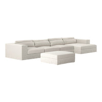 Stylish cream sectional sofa with minimalist design and matching ottoman, featuring soft, smooth upholstery.