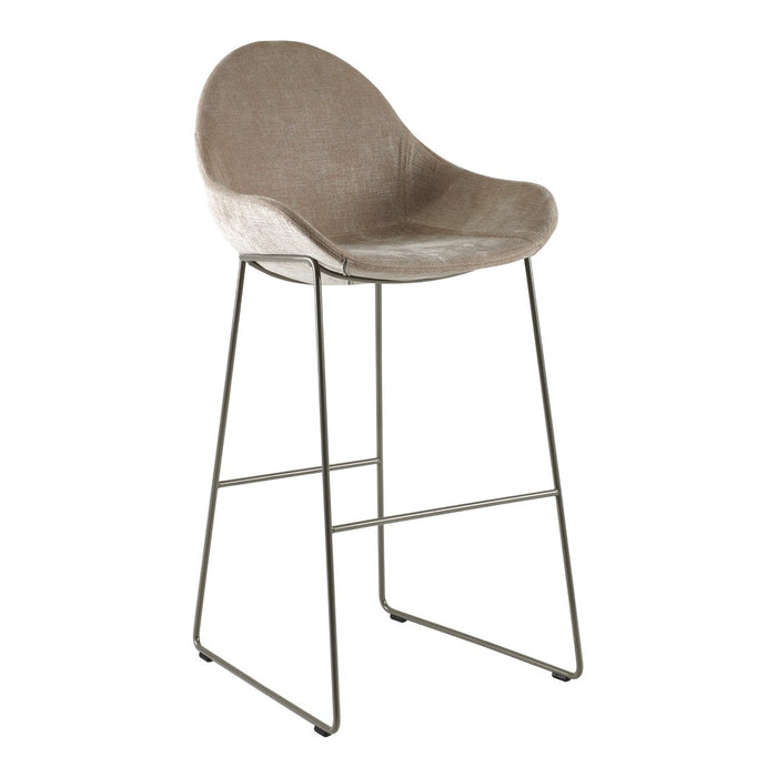 Beige upholstered bar stool with a curved backrest and sleek gray metal legs, offering a minimalist design.