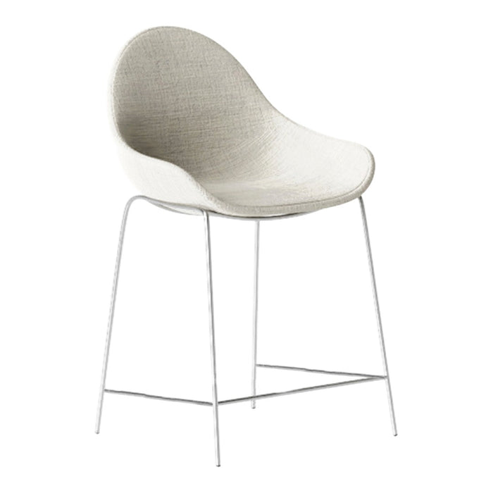Light gray upholstered chair with a smooth, curved design and sleek white metal legs. Perfect for modern decor.