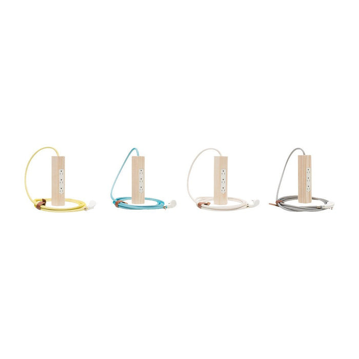 Colorful charging cables in yellow, blue, beige, and gray with minimalist wooden connectors. Perfect for stylish organization.