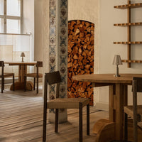 Rustic wooden furniture with warm brown tones, patterned tiles, and natural wood accents in a cozy interior setting.