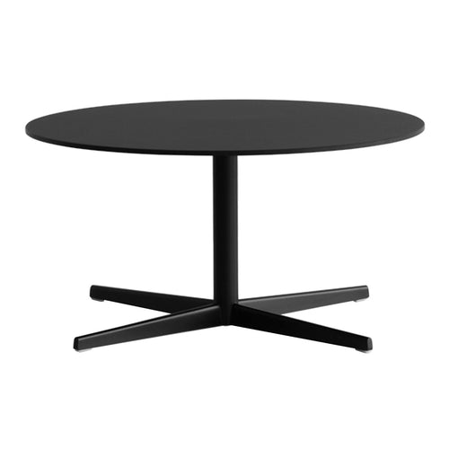 Black round coffee table with a sleek base and minimalistic design, perfect for modern interiors.