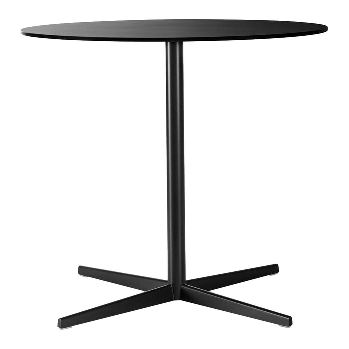 Black round table with a sleek, minimalistic design and smooth surface, featuring a sturdy cross-shaped base.