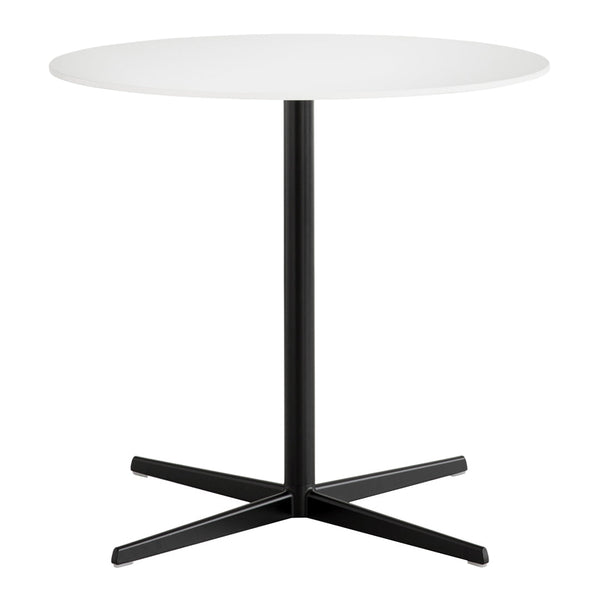 Round white tabletop with a sleek black base and minimalist design, perfect for modern spaces.
