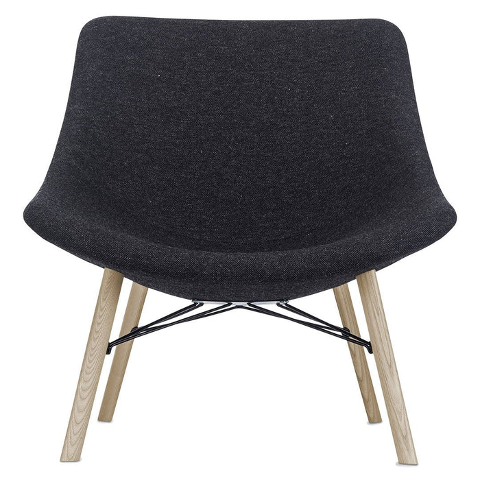 Black upholstered chair with a minimalist design and natural wood legs. Modern and versatile for any decor.