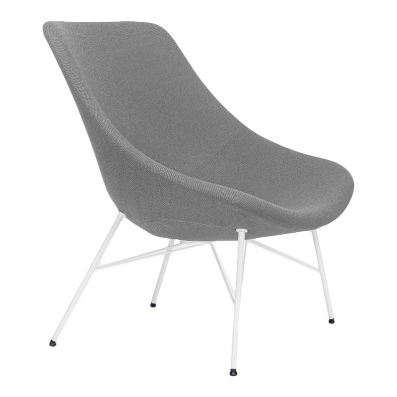 Stylish gray lounge chair with a smooth, curved design and white metal legs for a modern touch.