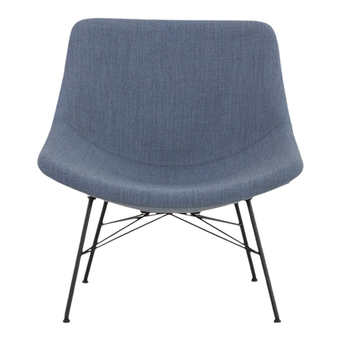 Stylish dark blue upholstered chair with a smooth texture and minimalist black metal legs. Perfect for modern décor.