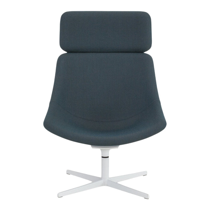 Modern gray upholstered chair with a smooth finish and minimalist design, featuring a white base.