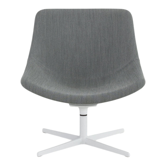 Gray upholstered chair with a sleek, curved design and a white metal base, featuring a subtle textured pattern.