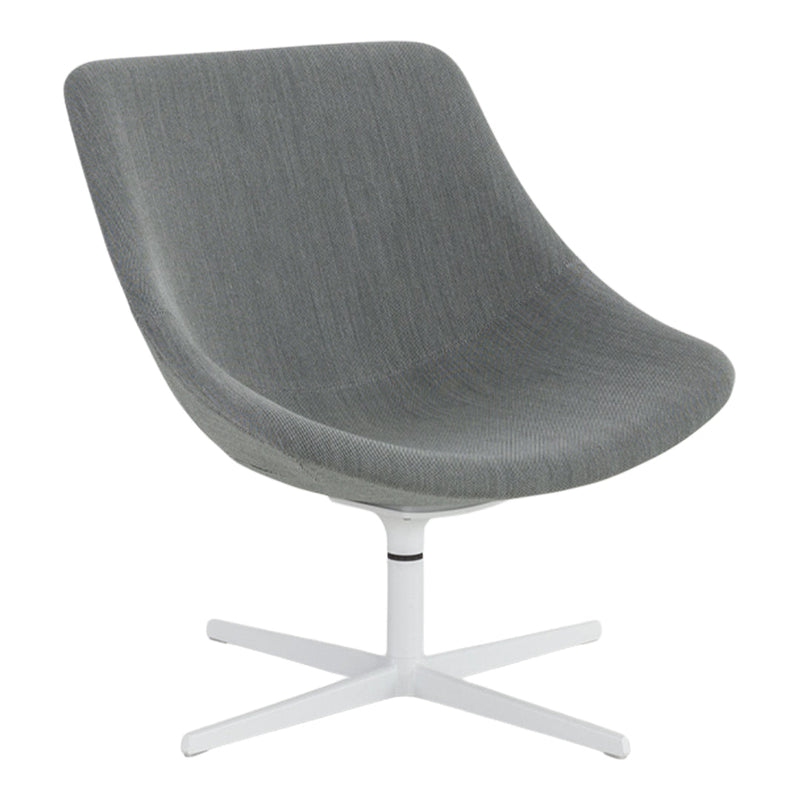 Gray upholstered chair with a smooth, sleek design and a white base, perfect for modern interiors.