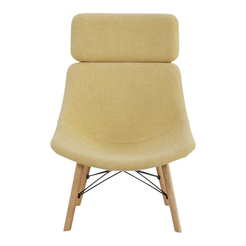 Modern yellow lounge chair with a smooth, curved design and minimalist wooden legs. Perfect for chic interiors.