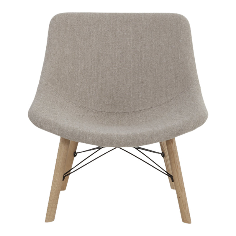 Light beige fabric chair with smooth, contoured design and natural wood legs, featuring black wire accents.
