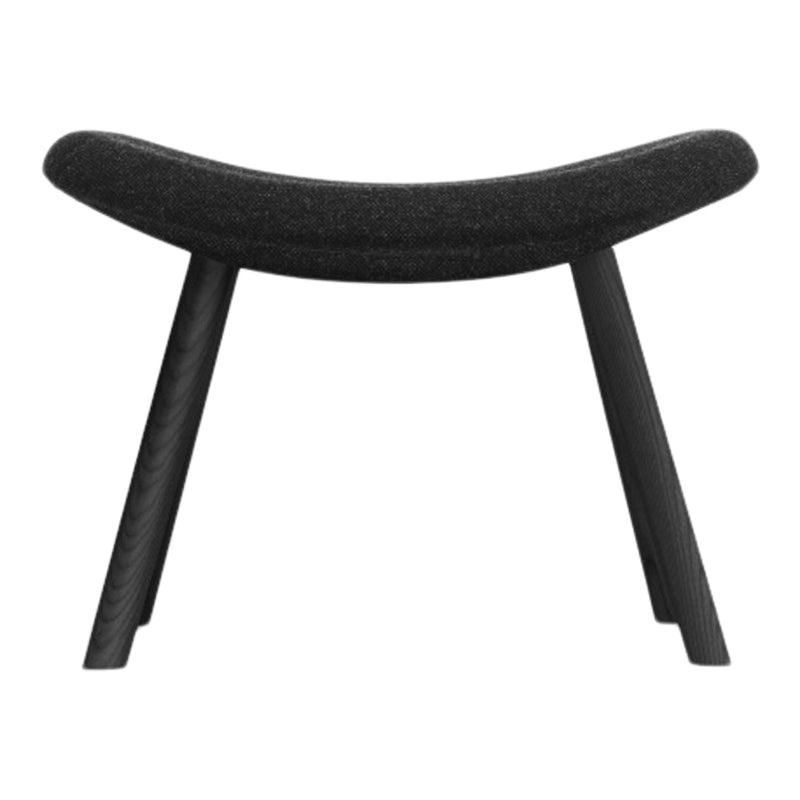 Black wool accent stool with smooth contour and minimalist design, featuring sleek black wooden legs.