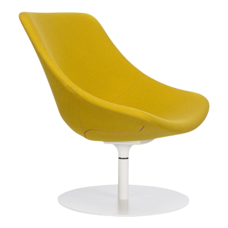 Stylish yellow lounge chair with a sleek design and a white circular base, perfect for modern interiors.