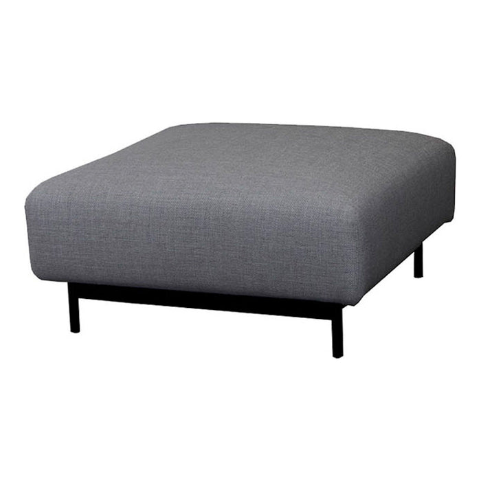 Gray fabric ottoman with a sleek, minimalist design and black metal legs, perfect for modern decor.