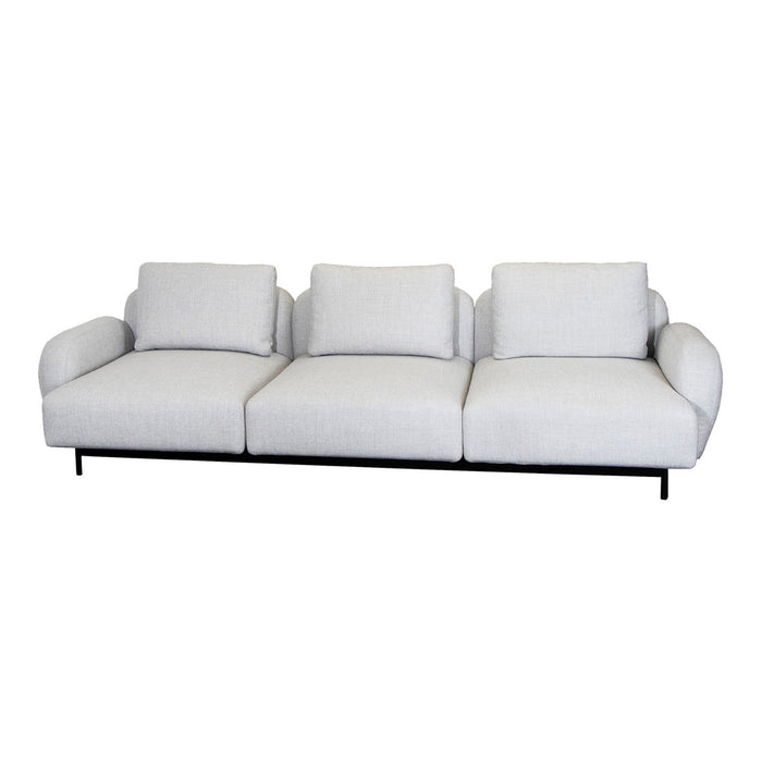Modern light gray sofa with soft texture and subtle pattern on a sleek black frame. Perfect for contemporary interiors.