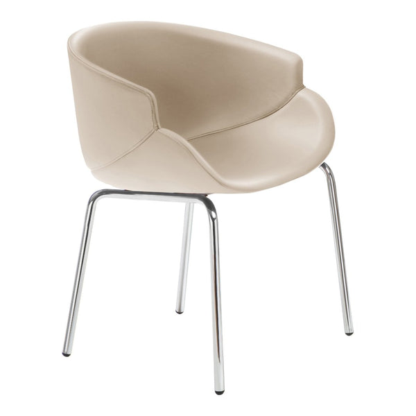 Beige modern chair with smooth, curved design and sleek chrome legs, perfect for contemporary interiors.