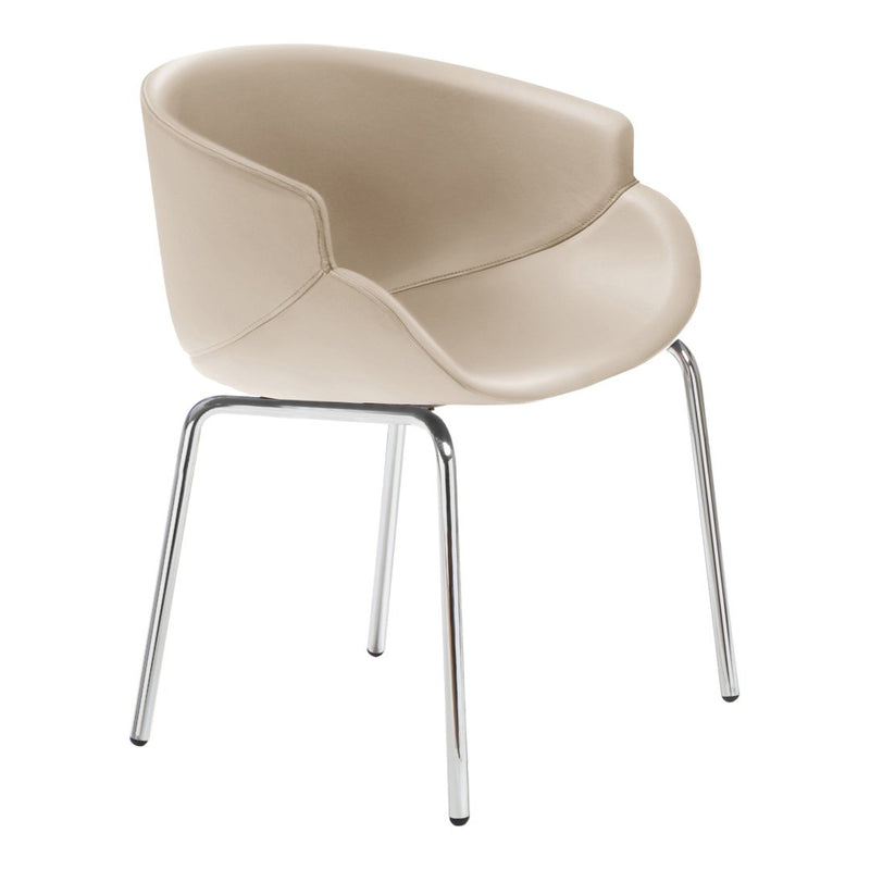 Beige modern chair with smooth, curved design and sleek chrome legs, perfect for contemporary interiors.