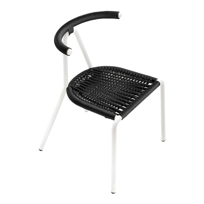 Stylish black and white chair featuring a woven seat with a modern design and curved armrest. Perfect for contemporary spaces.