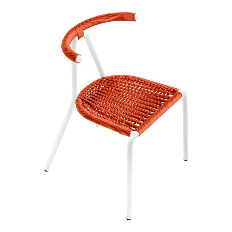 Modern chair with a vibrant orange seat and white metal frame, featuring a woven pattern for added texture.