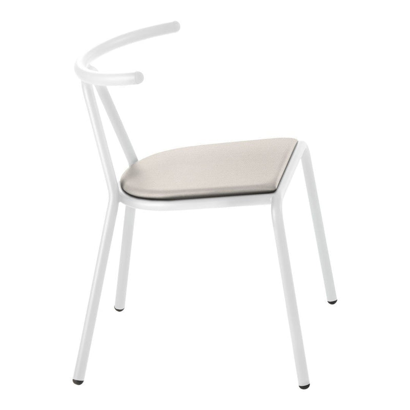 Stylish white chair with a smooth, light beige seat, featuring a minimalist design and clean lines.