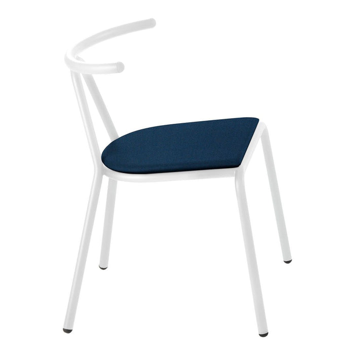 White chair with a smooth, contemporary design and a contrasting navy blue cushion for a stylish pop of color.