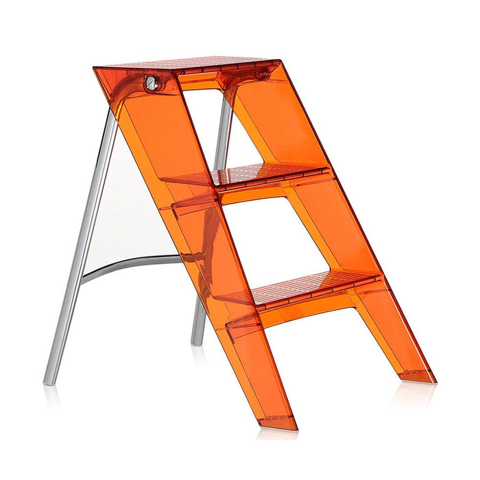 Transparent orange ladder with sleek, modern design and three sturdy steps. Ideal for home or office use.