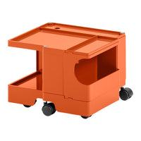 Orange rolling cart with a simple design, featuring one open compartment and two sliding drawers. Ideal for organization.