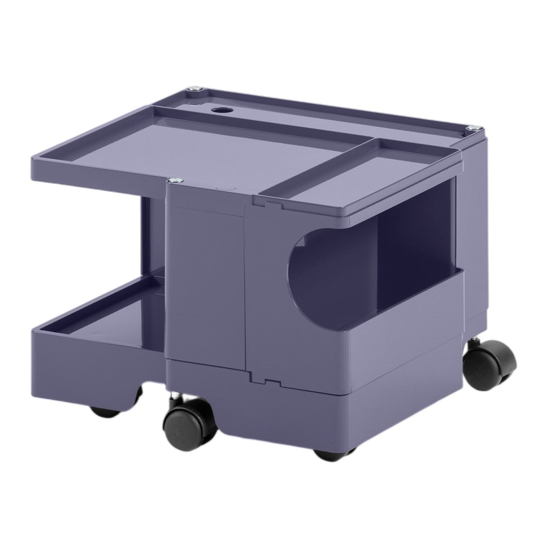 Compact rolling cart in soft purple with a sleek, minimalist design and multiple storage compartments.