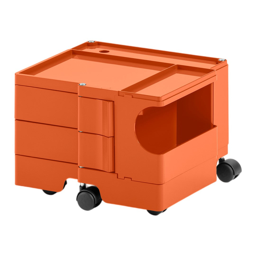 Orange storage cart with smooth surfaces and stacked drawer design, featuring a cutout side and rolling wheels.