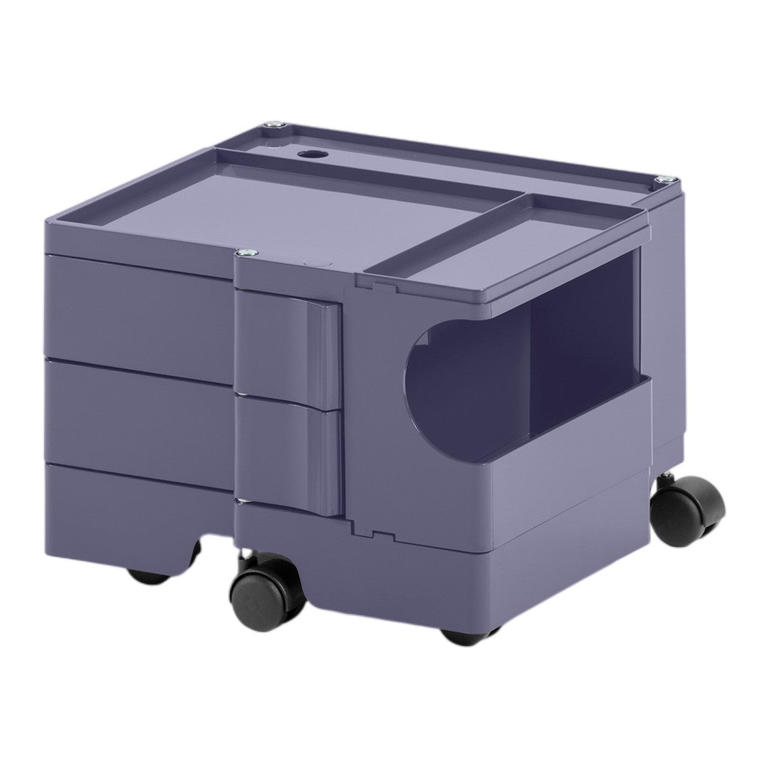 Purple storage cart with sleek, modern design, featuring smooth lines and functional compartments. Ideal for organization.