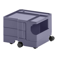 Purple storage cart with sleek, modern design, featuring smooth lines and functional compartments. Ideal for organization.