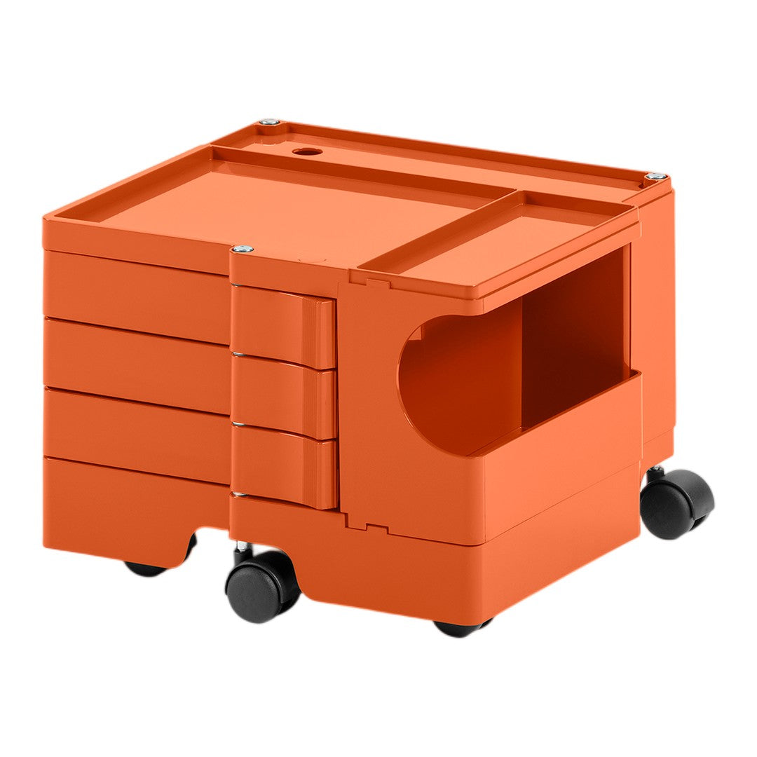 Orange storage cart with a smooth finish, featuring a minimalist design and versatile rolling wheels.
