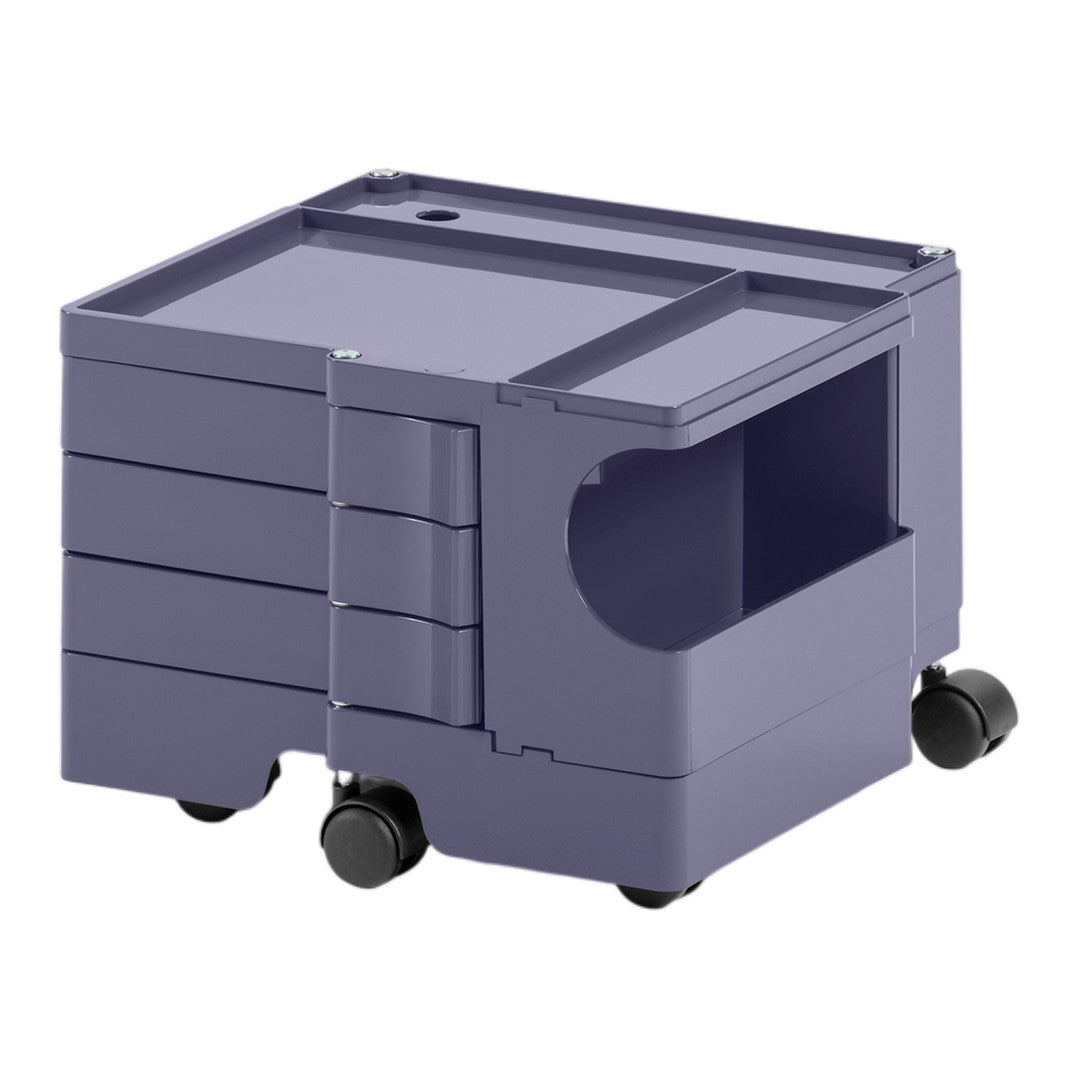 Purple storage cart with a smooth finish and subtle texture, featuring rolling wheels and multiple compartments.