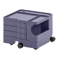 Purple storage cart with a smooth finish and subtle texture, featuring rolling wheels and multiple compartments.