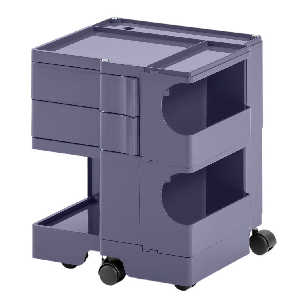 Purple storage cart with sleek design, featuring two open shelves and three drawers for efficient organization.
