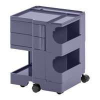 Purple storage cart with sleek design, featuring two open shelves and three drawers for efficient organization.