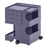 Stylish purple storage cart with multiple drawers and open compartments, featuring a modern design and rolling wheels.