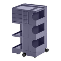 Stylish purple rolling cart with smooth surfaces and multiple storage compartments. Perfect for organization.